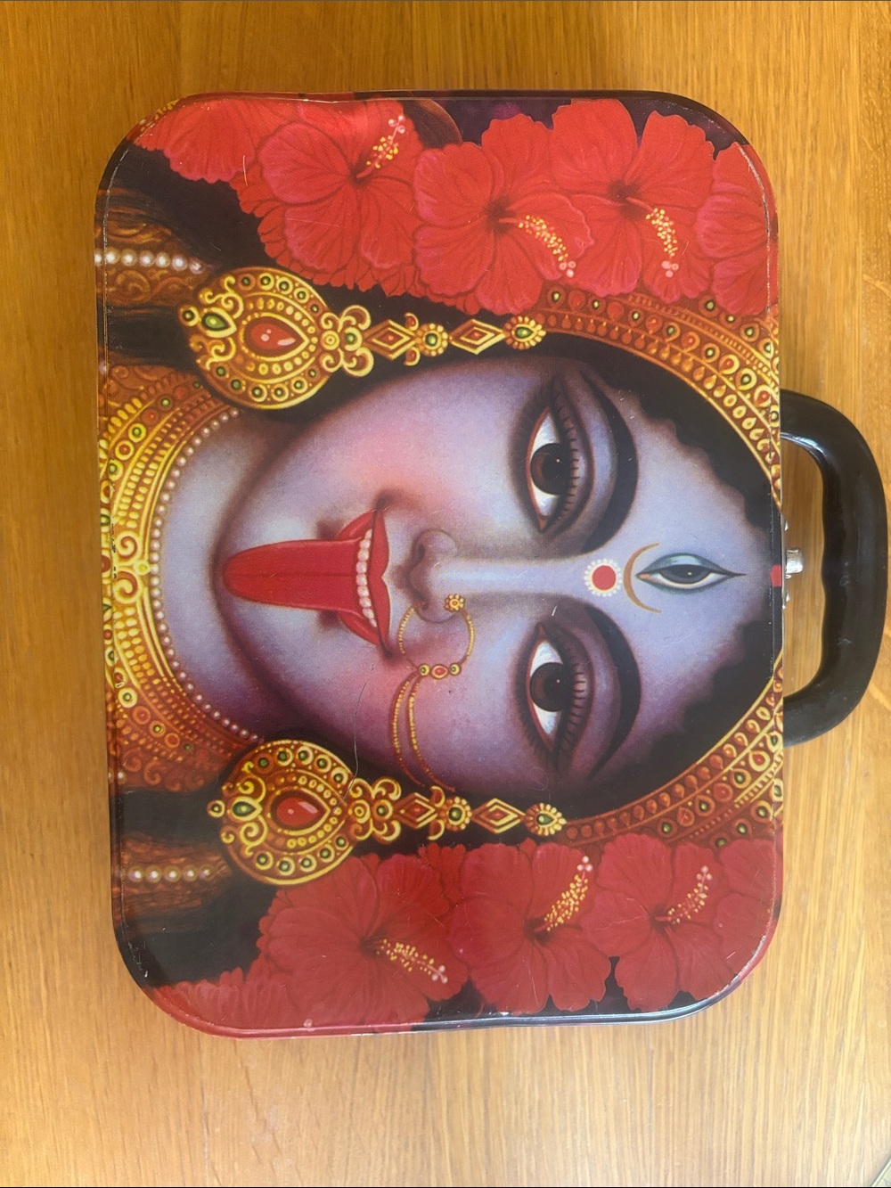 Vintage Hindu Goddess Tin Box with Handle